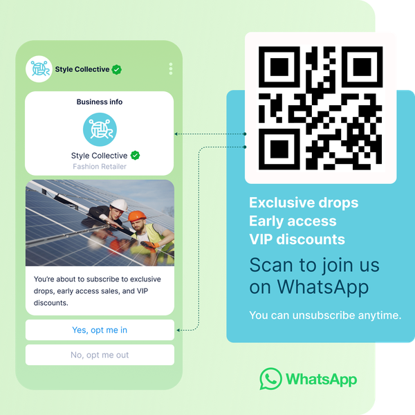 Image of WhatsApp Business opt-in flow with QR code and verified business profile, illustrating customer subscription, consent collection, and promotional messaging using the WhatsApp Business API
