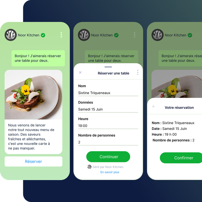 Trois captures d'écran sur mobile présentant le processus de réservation chez Noor Kitchen, avec notamment un exemple de menu et les détails d'une réservation pour deux personnes le 15 juin.