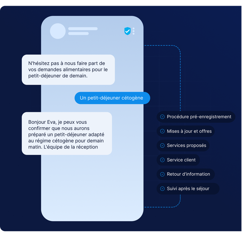 Un message numérique confirmant un petit-déjeuner cétogène pour demain. Parmi les autres éléments figurent l'enregistrement préalable, les mises à jour, les services, le service client, les commentaires et le suivi.