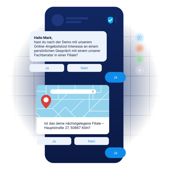 RCS-Nachrichtensimulation einer Bank mit interaktiven Buttons und OTP-Sicherheit über die Messaging-Lösungen von LINK Mobility.
