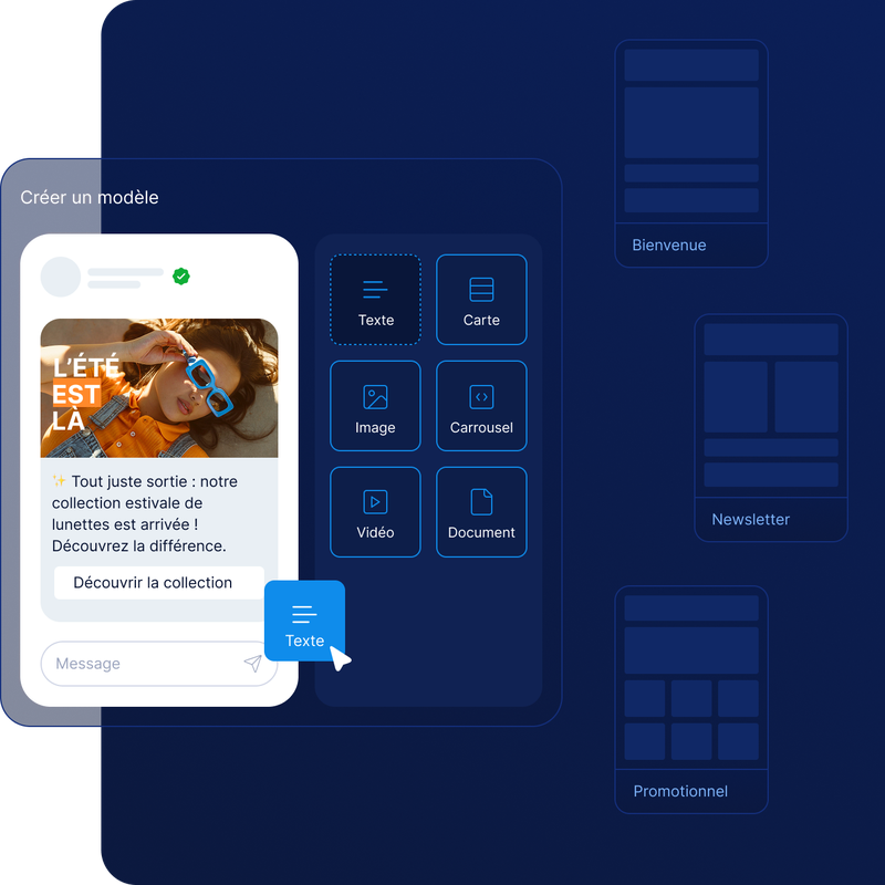 Interface de conception d'interface utilisateur présentant un smartphone avec une promotion sur des lunettes de soleil d'été et des options permettant d'ajouter du texte, des images, des vidéos et des modèles de documents.