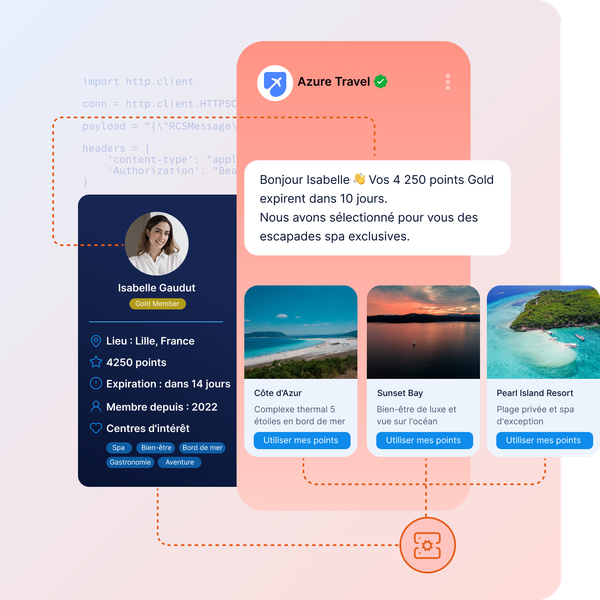 Interface d'une application de voyage affichant les informations de l'utilisateur, ses points de voyage, leur date d'expiration et des offres de séjours bien-être, accompagnée d'images panoramiques de la Côte d'Azur, de Sunset Bay et de Pearl Island.