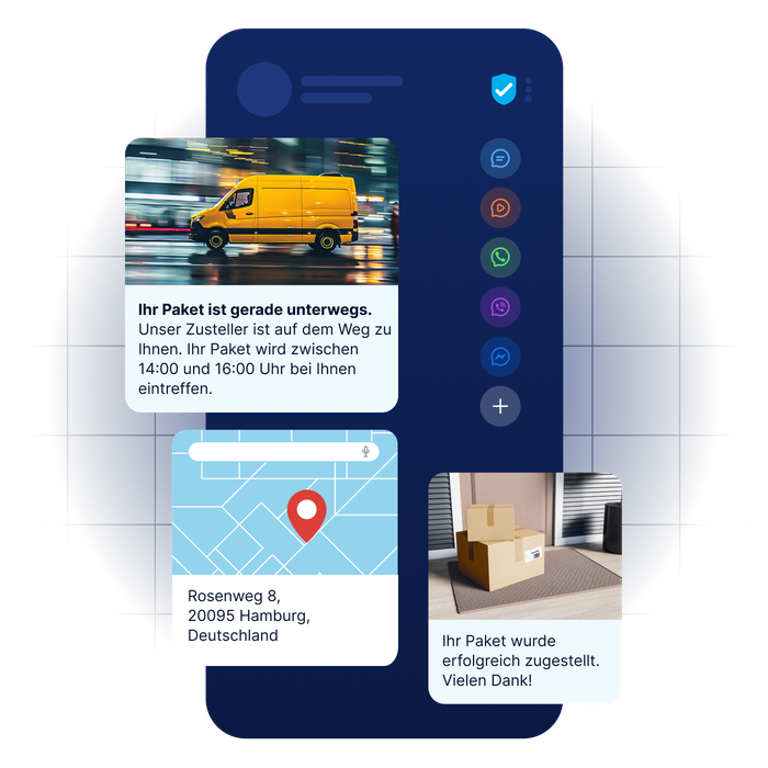 Multichannel-Zustellupdates über die Kommunikationslösungen von LINK Mobility für Logistik und Supply Chain mit Echtzeit-Paketverfolgung und erfolgreicher Lieferbestätigung.