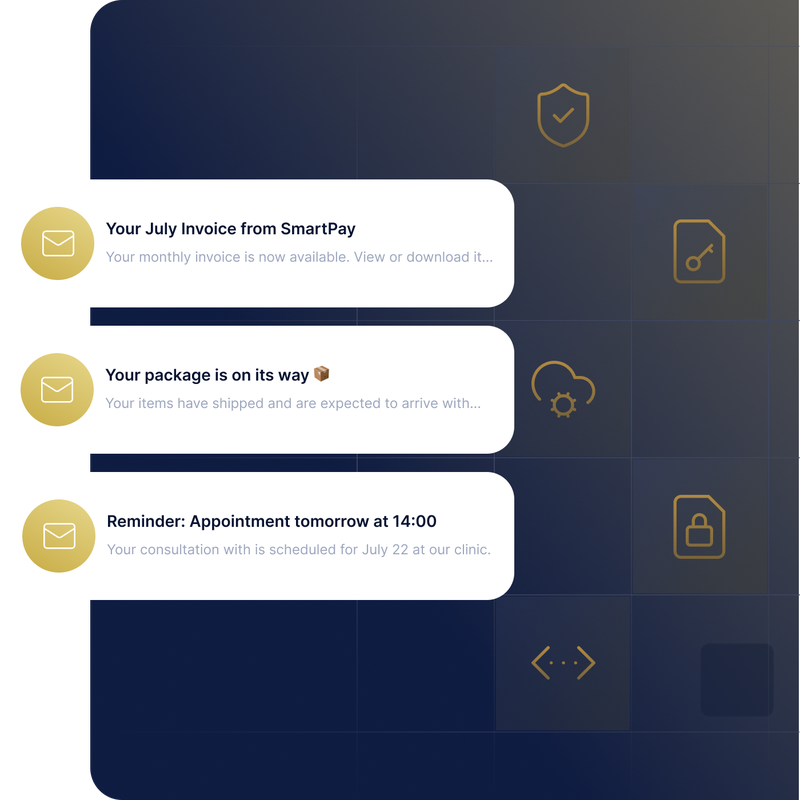 Image showing email notifications sent via Business Email API, including a July invoice, package shipping update, and appointment reminder with secure and reliable delivery.