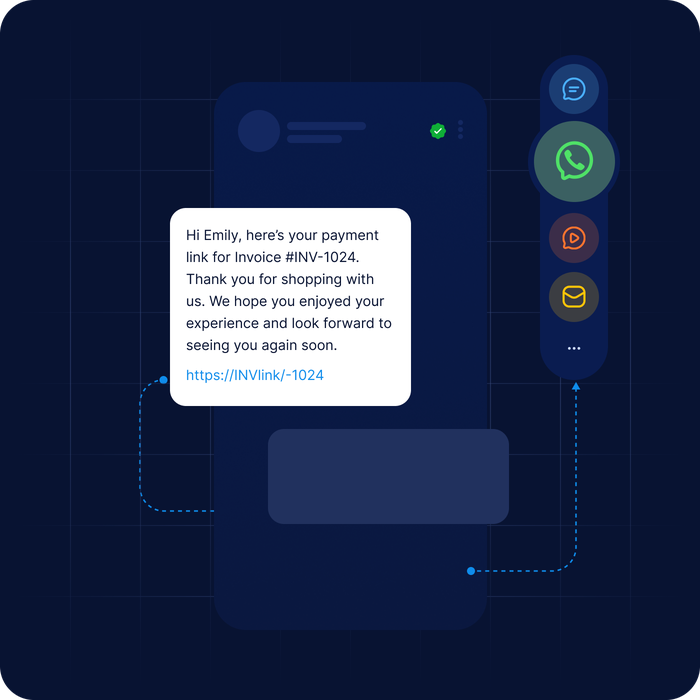 Smartphone screen displaying a payment link message with icons for messaging apps on the side.