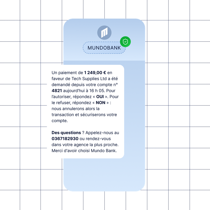 Notification bancaire concernant un paiement de 1 249 € à Tech Supplies Ltd, demandant votre autorisation pour le numéro de compte se terminant par 4821. Contactez-nous pour toute question.