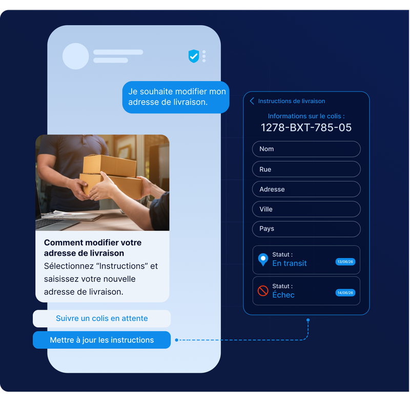Interface d'application affichant les détails de la livraison d'un colis, les instructions pour modifier l'adresse, le statut de la livraison et une personne manipulant des cartons.