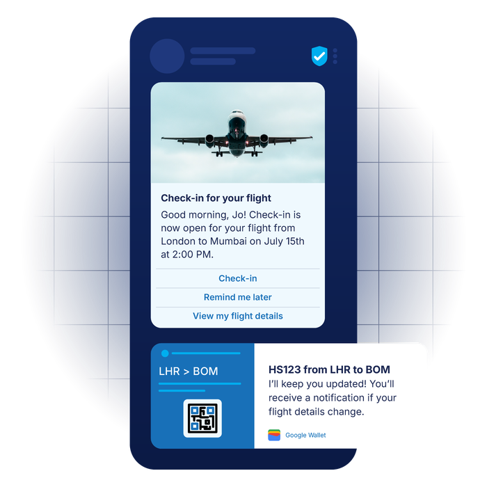 Airline check-in and travel notification shown via LINK Mobility’s communication solutions for hospitality and leisure, including flight status updates and mobile boarding passes.