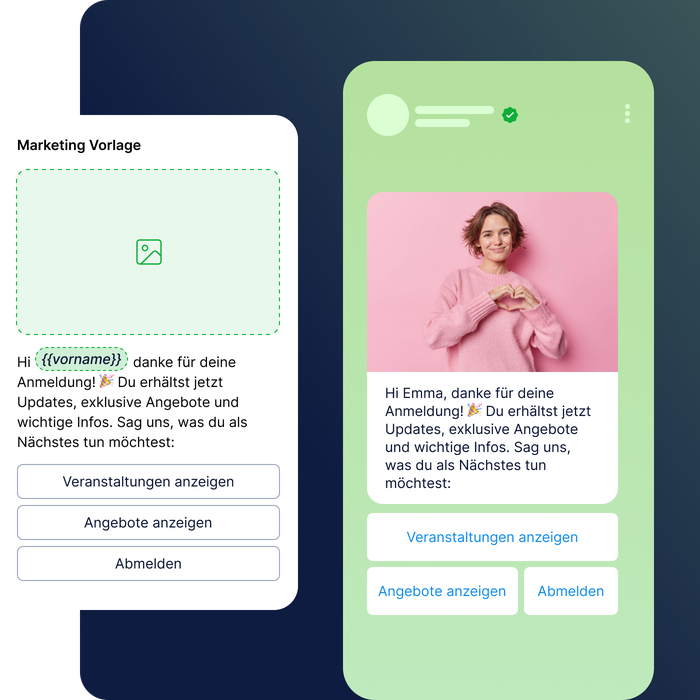 WhatsApp Business Messaging-Vorlage mit personalisierter Willkommensnachricht, Bild und Buttons für Veranstaltungen, Angebote oder die Abmeldung. Versendet über die Messaging-Lösungen von LINK Mobility.