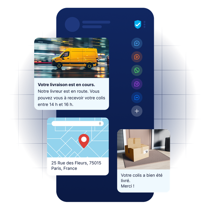 Interface d'une application de livraison affichant une camionnette jaune en cours de livraison, une localisation sur la carte « 25 rue des Fleurs, 75015 Paris, France » et des colis livrés devant une porte.