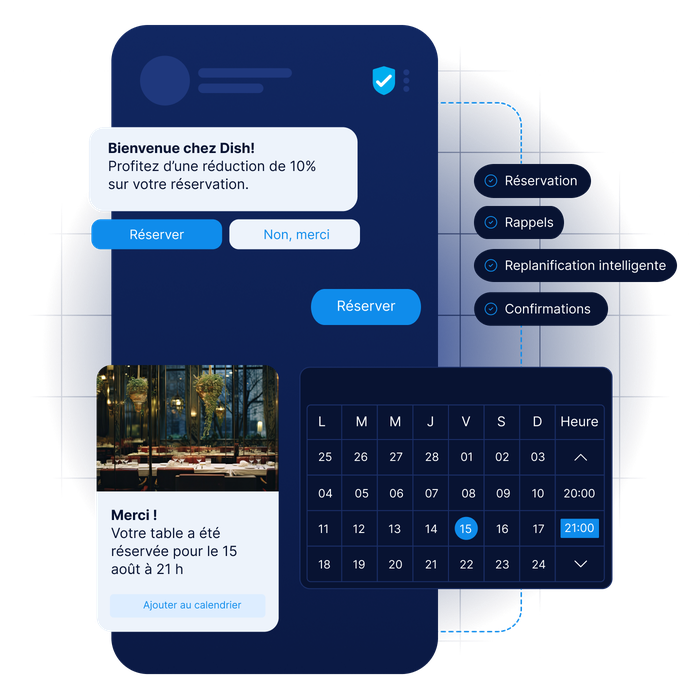 Interface de réservation de restaurant proposant une réduction de 10 %, confirmation de réservation pour le 15 août à 21 h, affichage sous forme de calendrier et options de rappel.