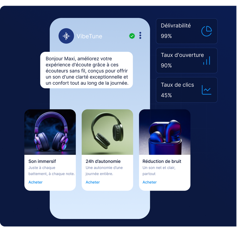 Une publicité numérique de VibeTune présentant des écouteurs sans fil dotés de fonctionnalités telles qu'un son immersif, une autonomie de 24 heures et une réduction du bruit.