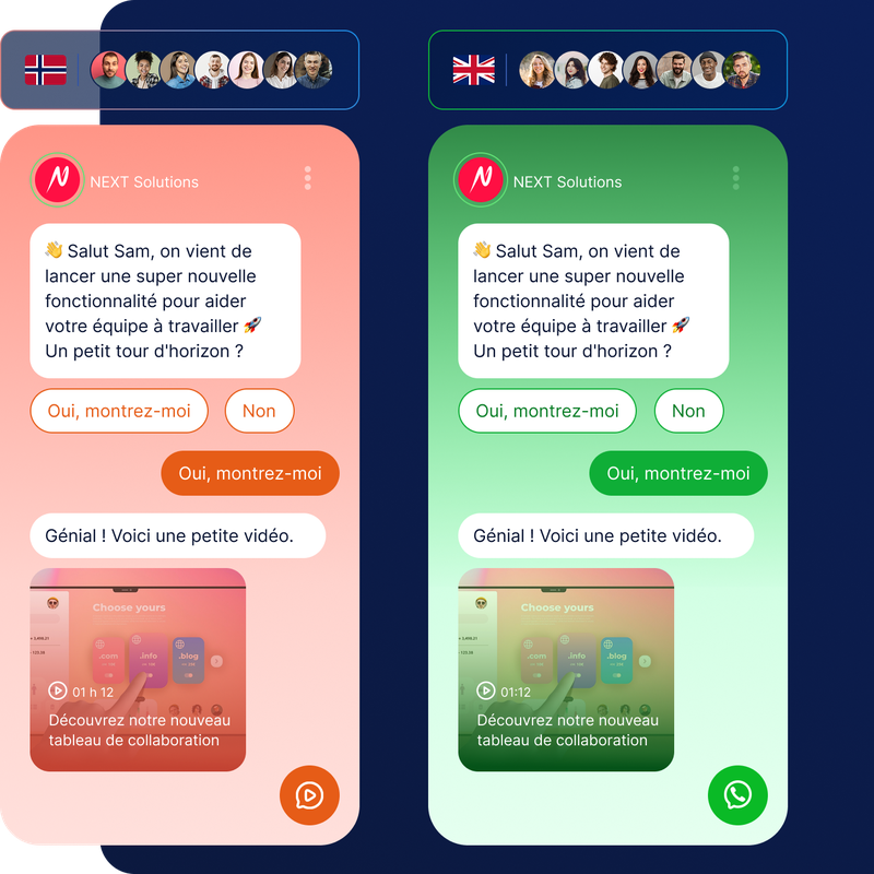 Deux écrans de téléphone affichant des messages de chat provenant de NEXT Solutions, proposant une vidéo présentant une nouvelle fonctionnalité de collaboration, avec des options de langue.
