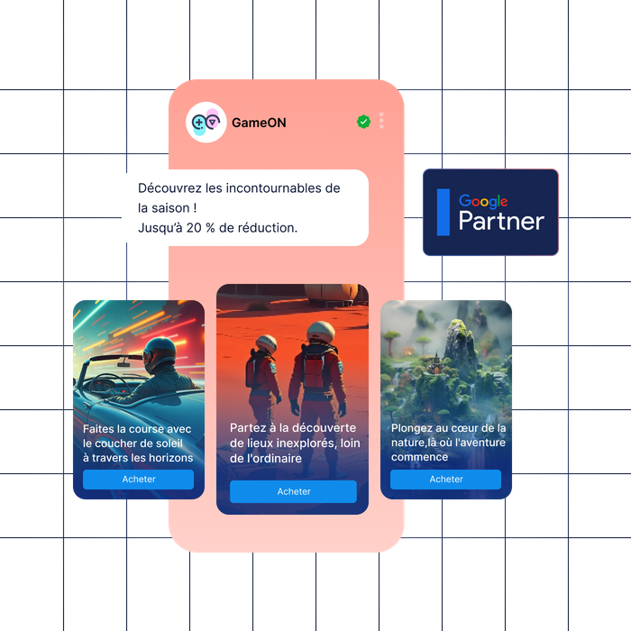 Interface de l'application GameON présentant trois promotions sur le thème de l'aventure avec une remise de 20 %, accompagnées du logo « Partenaire Google ».