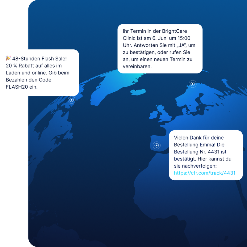 SMS-Nachrichten auf einer Weltkarte mit Beispielen für Werbeangebote, Terminbestätigungen und Sendungsverfolgung. Alle Nachrichten werden über die SMS-Lösungen und APIs von LINK Mobility versendet.