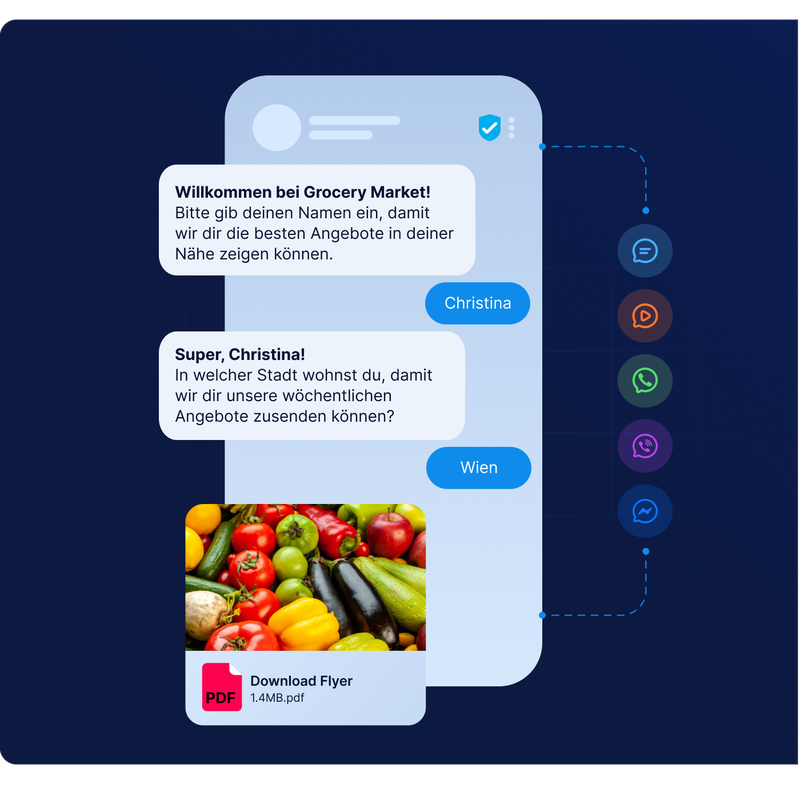 Chat-Dialog mit Abfrage von Name und Stadt, personalisierten Antworten und Download-Button für einen Flyer – Messaging-Lösungen von LINK Mobility.
