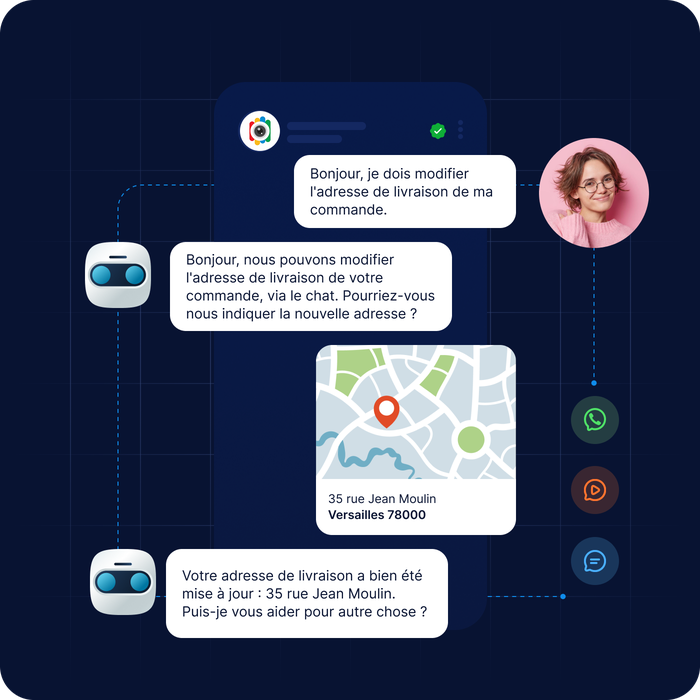 Chatbot permettant de modifier une adresse de livraison, affichant une carte indiquant le nouvel emplacement et confirmant la mise à jour pour le 35 rue Jean Moulin, à Versailles.