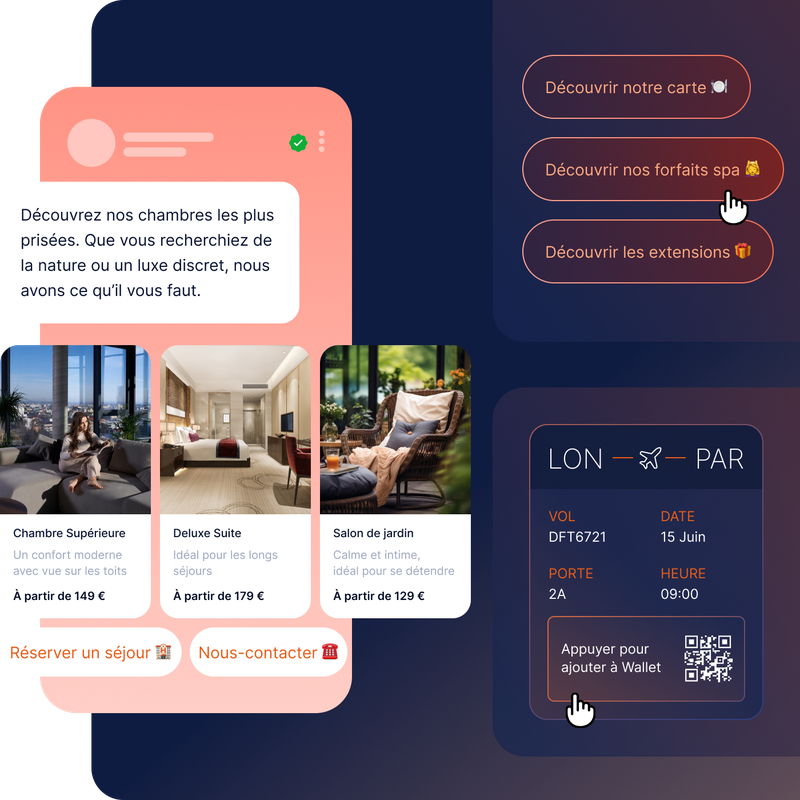 Options de chambres d'hôtel et informations sur la réservation, avec photos et descriptions des chambres ; boutons d'accès au menu, aux forfaits spa et aux informations sur les vols.