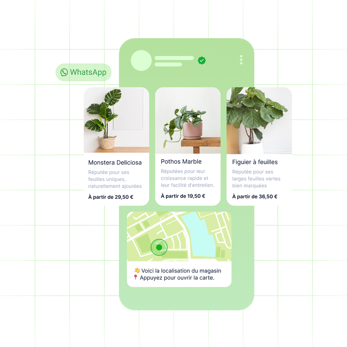 Une interface numérique présente les différentes plantes disponibles : Monstera Deliciosa, Pothos Marble, figuier, avec leurs prix. Vous trouverez ci-dessous une carte indiquant l'emplacement du magasin.