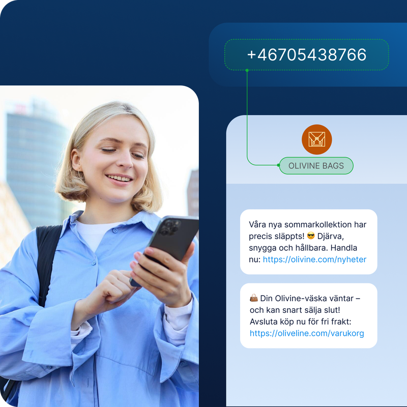 En kvinna tar emot marknadsföring-SMS, skickat via SMS API. SMS-inkorgen innehåller en kampanj för en produktlansering, samt en påminnelse om en överlämnad varukorg.