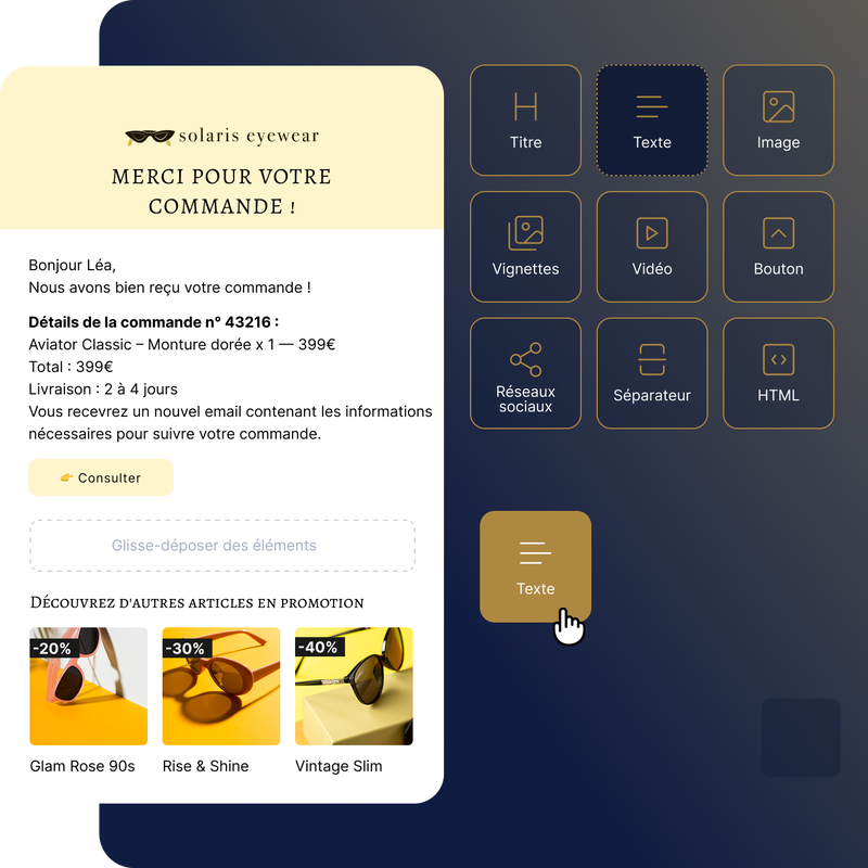 Confirmation de commande pour Solaris Eyewear, présentant les détails de l'achat et les promotions, avec un menu de navigation à droite.