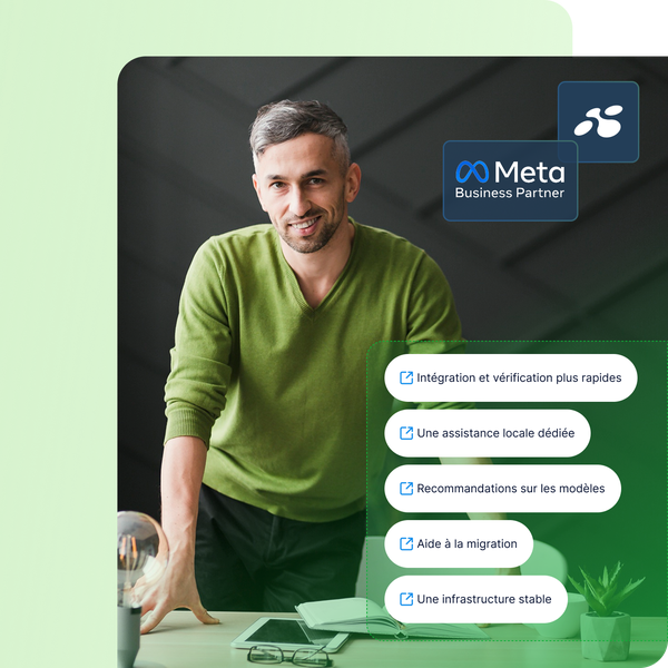 Man in a green shirt stands confidently at a desk with text describing collaboration benefits with Meta Business Partner.