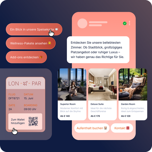 RCS-Zwei-Wege-Messaging-Erlebnis mit interaktiven Karten und Chatbot-Automatisierung, bei dem Nutzer Restaurantoptionen entdecken, Services erkunden und Zimmer direkt über eine gebrandete Messaging-Oberfläche buchen.