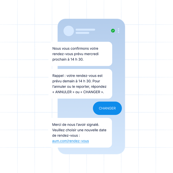 Une fenêtre de discussion affichant des messages en français concernant la confirmation, la modification ou l'annulation d'un rendez-vous, avec un bouton « Modifier » et un lien.