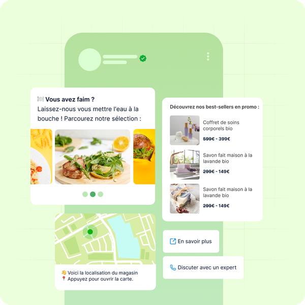 Interface d'application mobile présentant des photos de plats, des options de menu, une carte de localisation et des promotions sur des produits de soins corporels bio et des savons à la lavande, en français.
