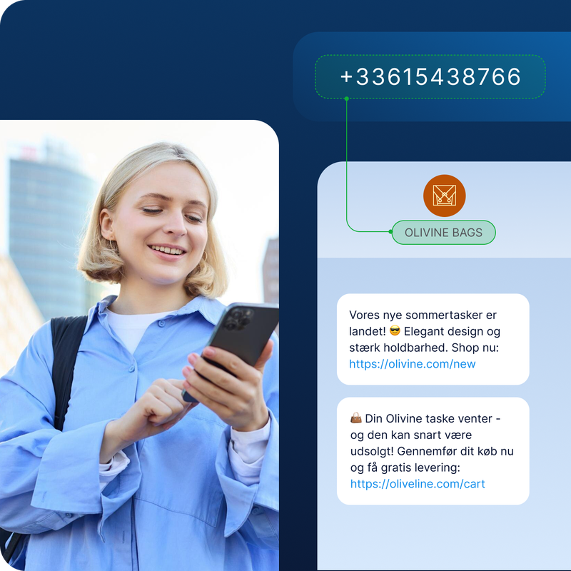 Kvinde, der modtager SMS-markedsføringsbeskeder via SMS API fra Olivine Bags, med en produktlanceringsmeddelelse og en påmindelse om forladt kurv, begge med links til butik og betaling.