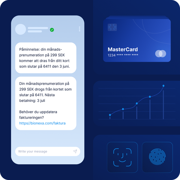 Bild som visar ett mobilmeddelande med en betalningspåminnelse för en prenumeration, bekräftelse på genomförd betalning, information om nästa betalning och en länk för att uppdatera betalningsuppgifter.