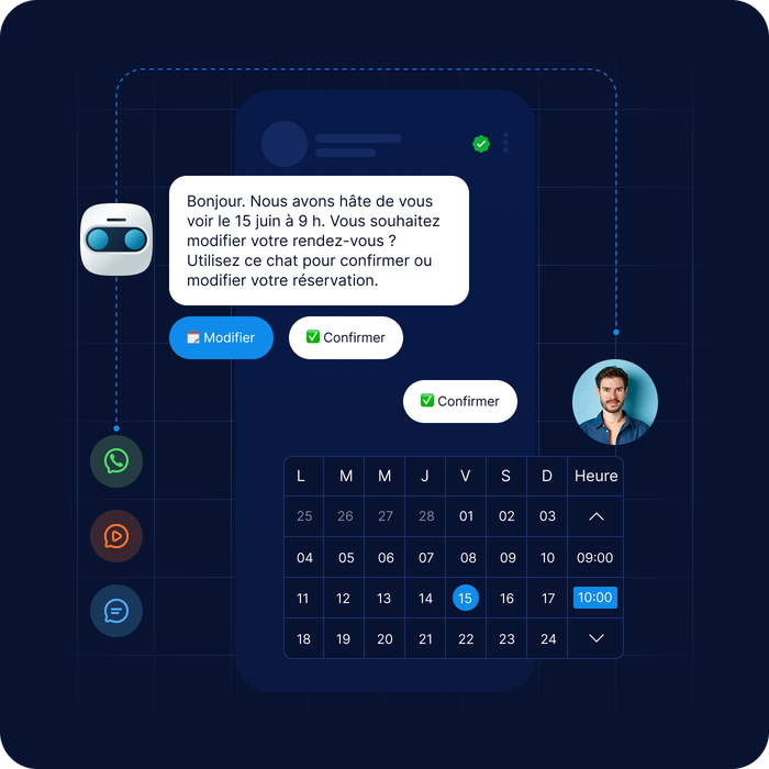 Interface de chat affichant un message d'un bot en français concernant la confirmation ou la modification d'une réservation pour le 15 juin à 9 h, avec un calendrier et des icônes.
