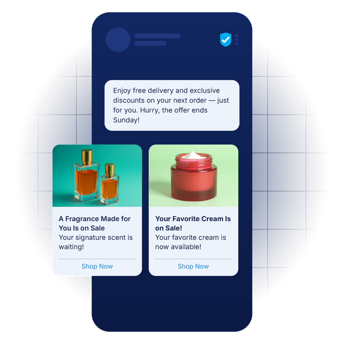 Retail mobile message with fragrance and cream offers, showcasing personalized promotions and exclusive discounts using LINK Mobility's mobile messaging for retail.