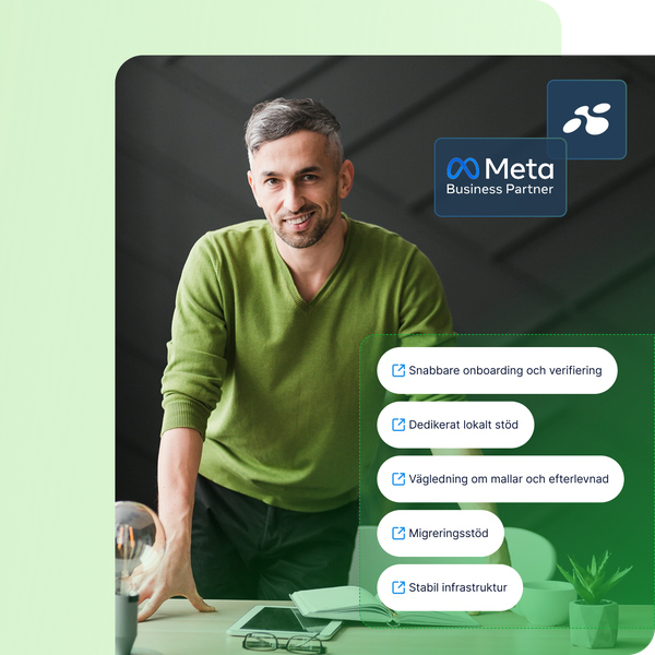 Medarbetare från LINK Mobility tillsammans med logotyp för Meta Business Partner. Bilden visar hur företag kan komma igång med WhatsApp Business API genom onboarding, verifiering och lokal support.