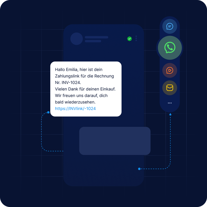 Smartphone mit Zahlungslink-Nachricht und Symbolen für Messaging-Apps, dargestellt im Kontext der digitalen Kommunikation über die Lösungen von LINK Mobility.