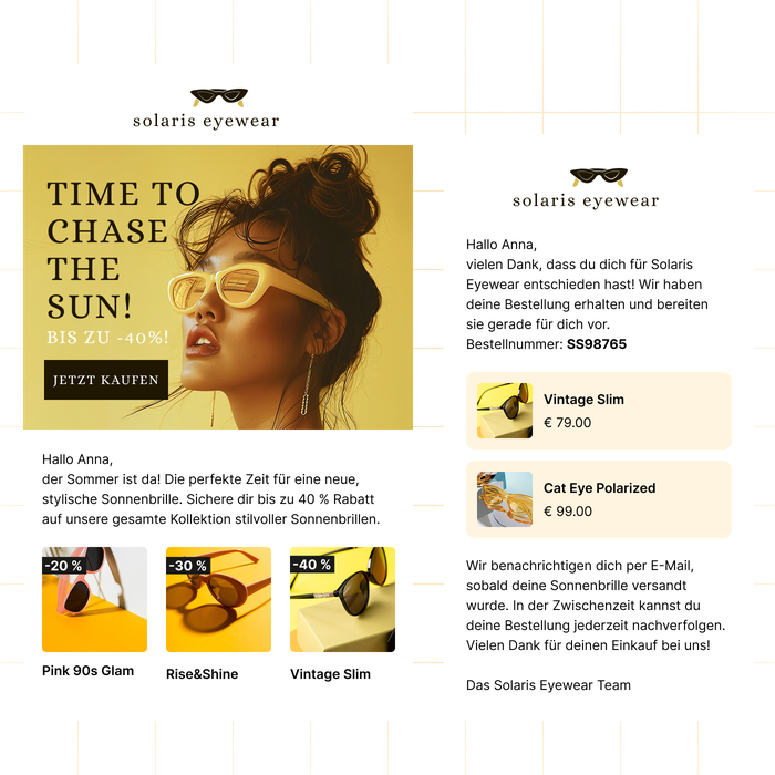 Zwei E-Mails von Solaris Eyewear: Eine bewirbt einen Sommerschlussverkauf mit Rabatten, die andere bestätigt eine Bestellung mit Bestellnummer, Produktbildern, Preisen und Lieferinformationen.