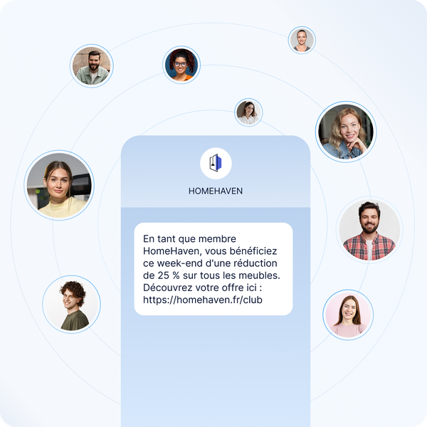 Une illustration représentant des personnes de tous horizons dans des cadres circulaires, entourant un message de HomeHaven proposant une réduction de 25 % sur le mobilier pour ses membres.