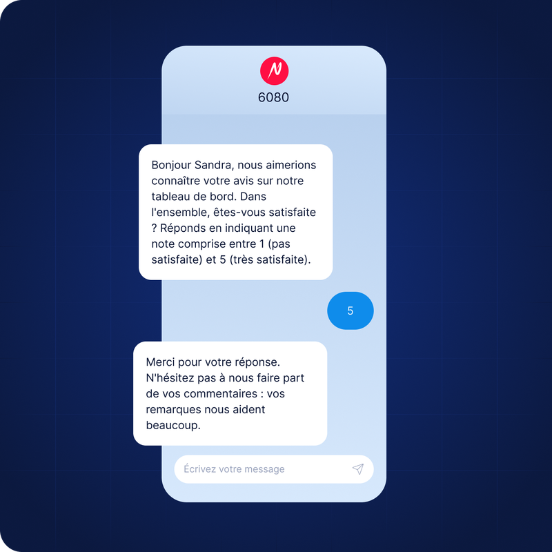 Un message d'enquête en ligne en français sollicitant des commentaires sur un tableau de bord, où la note « 5 » correspond à un niveau de satisfaction élevé.