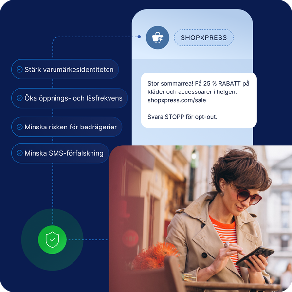 Illustration av ett SMS med brandad avsändare som visar företagsnamn istället för telefonnummer och lyfter fördelar som ökat förtroende, minskad risk för bedrägerier och högre öppningsgrad.