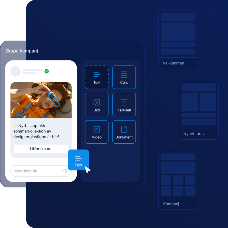 Visualisering av LINKs webbgränssnitt för MyLINK Studio – RCS-plattform med intuitiv drag-and-drop funktionalitet med möjlighet att bygga kampanjer med text, bild, video, karuseller, dokument och call to action-knappar