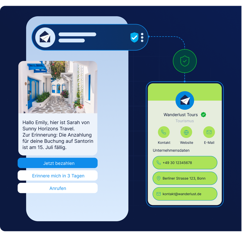 Verifizierte RCS-Reiseerinnerung mit Zahlungsoptionen und Firmenkontaktinformationen über die Messaging-API-Integration von LINK Mobility in SaaS-Plattformen.
