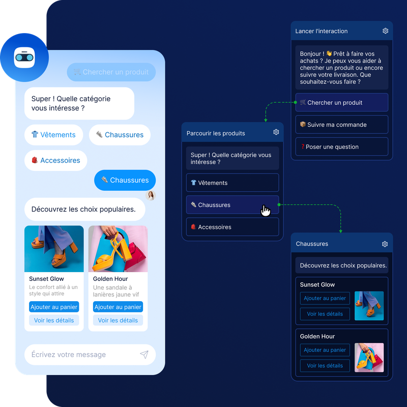 Une interface de chatbot présentant des catégories de produits telles que les vêtements, les chaussures et les accessoires, avec en vedette les modèles de chaussures « Sunset Glow » et « Golden Hour ».