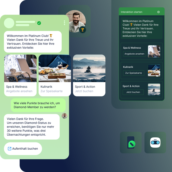 WhatsApp Business Messaging mit Treuevorteilen, Karussells, interaktiven Buchungen und automatisierten Antworten – versendet über die Messaging-Lösungen von LINK Mobility.  Geben Sie Ihr Feedback zu BizChat ab.