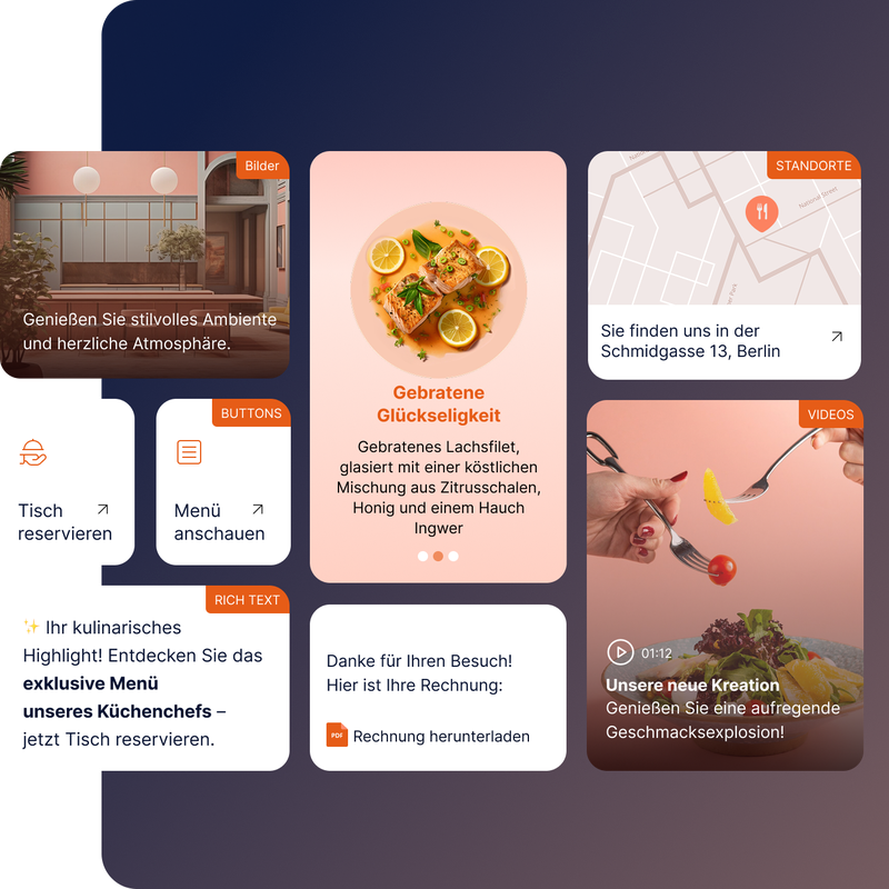 RCS Business Messaging-Oberfläche mit Bildern, Buttons, Video, PDF, Standortfreigabe und einem Produktkarussell für eine Restaurantkampagne.