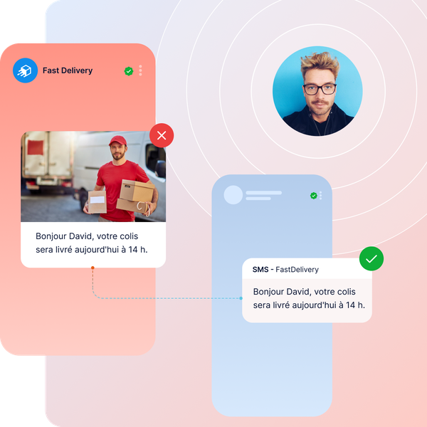 Illustration d'un système de notification de livraison représentant un livreur avec des colis, des SMS concernant la livraison des colis et une photo de profil.