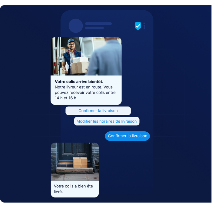 Un message d'information sur la livraison en français, accompagné d'images représentant un livreur et un colis posé devant une porte d'entrée, et proposant des options pour confirmer ou modifier la livraison.