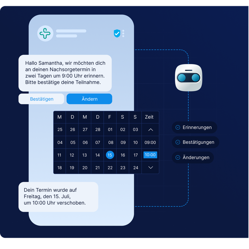 Patient erhält automatisierte Erinnerung mit Optionen zur Terminbestätigung oder Verschiebung über MyLINK Connects intelligente Messaging- und Kalenderintegration von LINK Mobility.