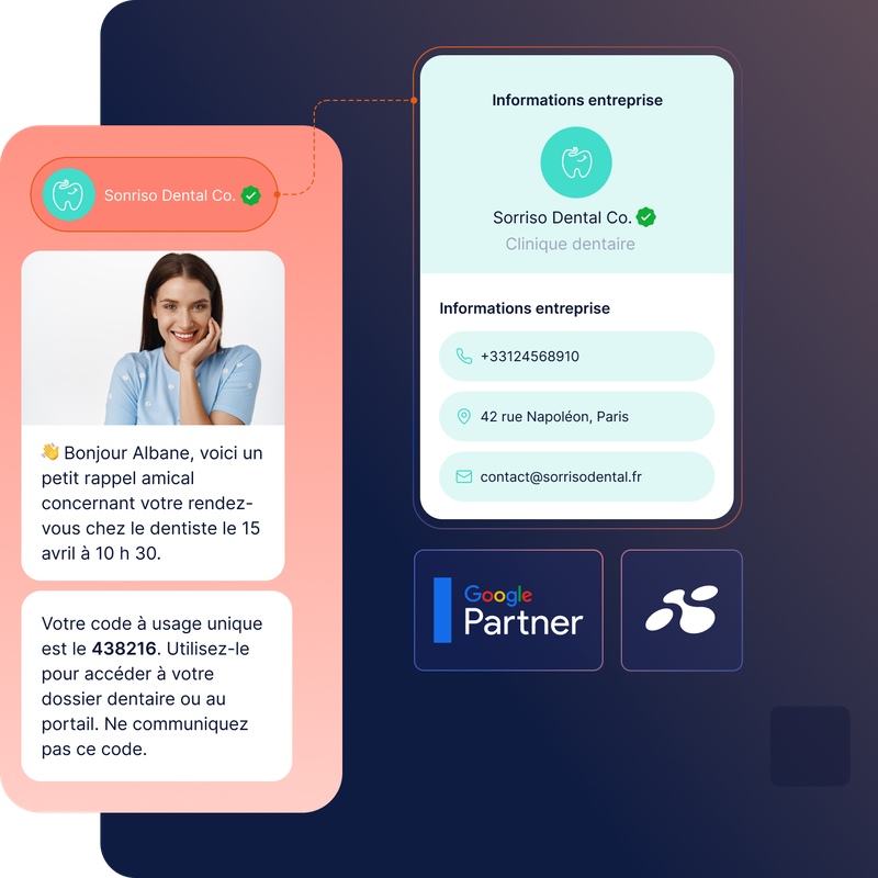 Message de rappel de rendez-vous dentaire comprenant les coordonnées et un code de sécurité, avec l'image d'une femme souriante, les informations sur l'entreprise et le logo Google Partner.
