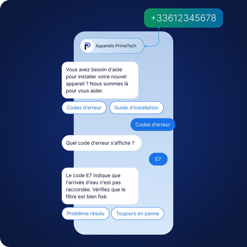 Conversation avec un chatbot en français concernant le code d'erreur E7 pour l'assistance à l'installation d'un appareil. Numéro de téléphone : +33612345678.