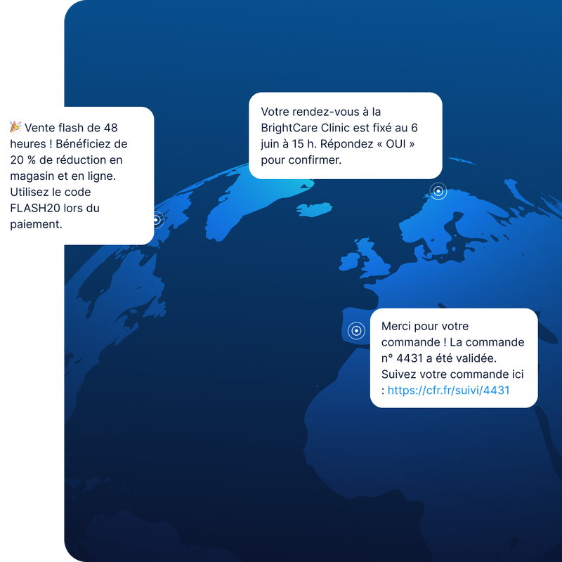 Une carte numérique comportant trois bulles de texte en français concernant une promotion de 48 heures, un rendez-vous à la clinique et une confirmation de commande avec un lien de suivi.